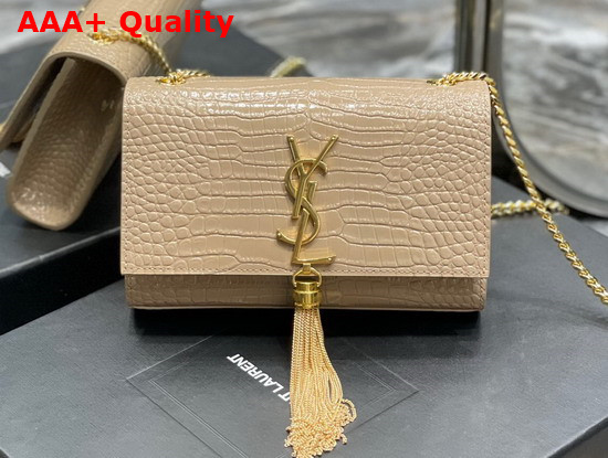 Saint Laurent Kate Small with Tassel in Crocodile Embossed Shiny Leather Dark Beige Replica