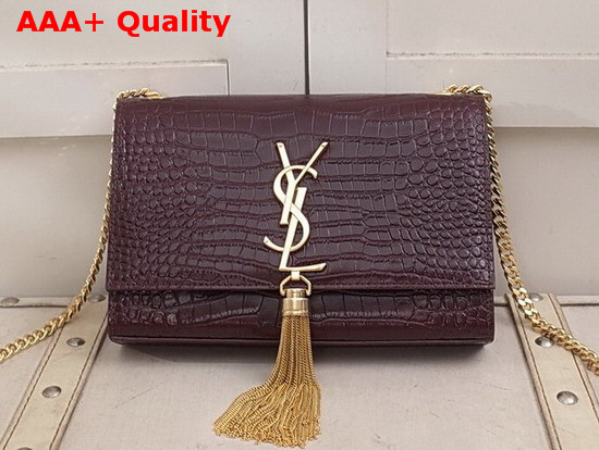 Saint Laurent Kate Small with Tassel in Dark Red Embossed Crocodile Shiny Leather Replica