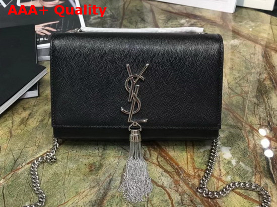 Saint Laurent Kate Tassel Chain Wallet in Black Textured Leather Replica