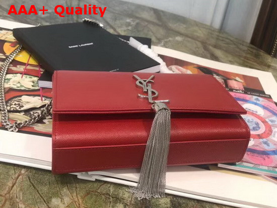 Saint Laurent Kate Tassel Chain Wallet in Red Textured Leather Replica