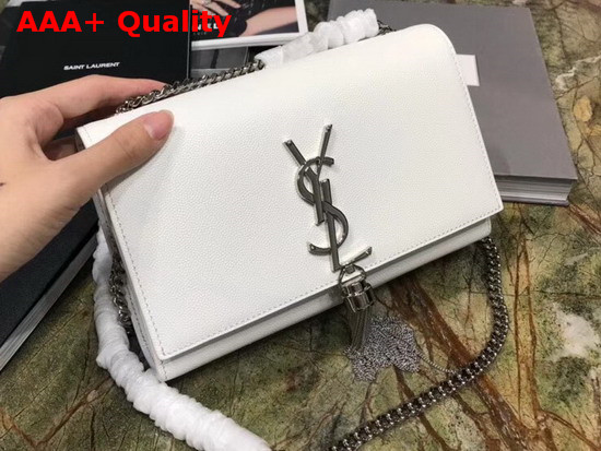 Saint Laurent Kate Tassel Chain Wallet in White Textured Leather Replica