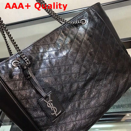 Saint Laurent Large Niki Shopping Bag in Grinkled and Quilted Black Leather Replica