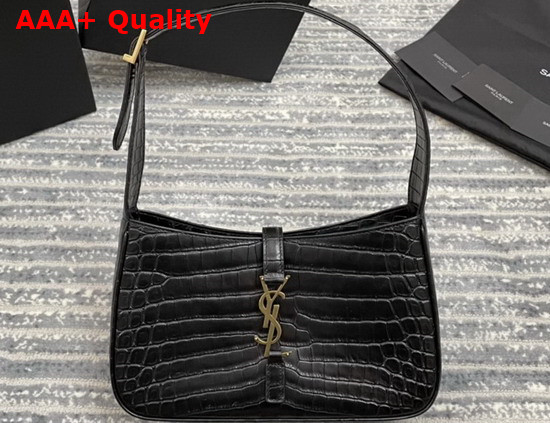 Saint Laurent Le 5 A 7 Hobo Bag in Crocodile Embossed Shiny Leather Black Replica