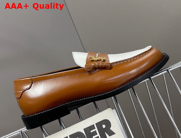 Saint Laurent Le Loafer Penny Slippers in Brown and White Smooth Leather Replica