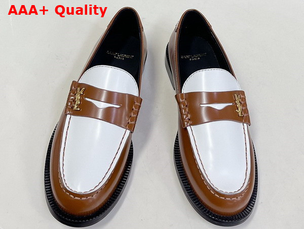 Saint Laurent Le Loafer Penny Slippers in Brown and White Smooth Leather Replica