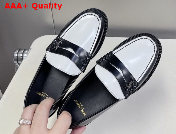 Saint Laurent Le Loafer Penny Slippers in Smooth Leather Black and White Replica