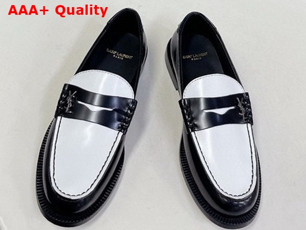 Saint Laurent Le Loafer Penny Slippers in Smooth Leather Black and White Replica