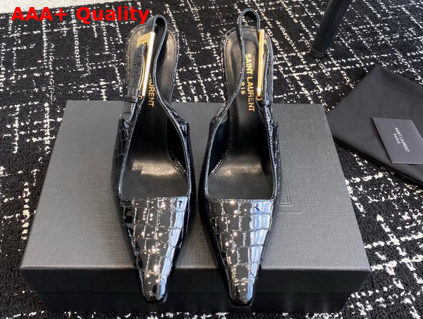 Saint Laurent Lee Slingback Pumps in Black Crocodile Embossed Leather Replica