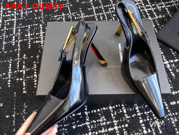 Saint Laurent Lee Slingback Pumps in Black Glazed Leather Replica