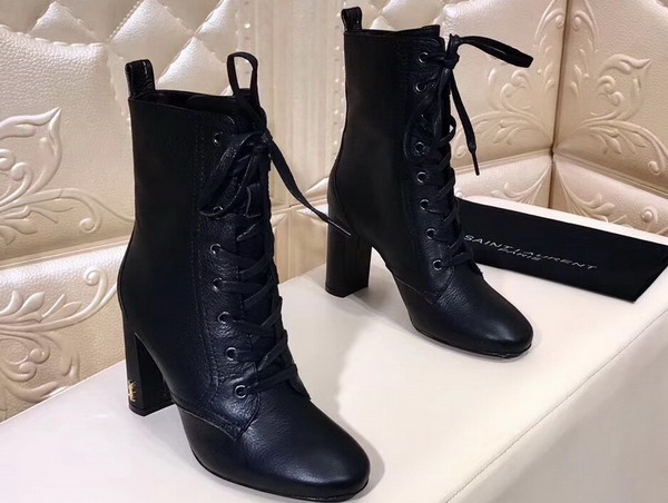 Saint Laurent Loulou 95 Lace Up Boot in Black Grained Leather with Metal Interlocking YSL Signature on Covered Heel and Black Pull on Tab For Sale