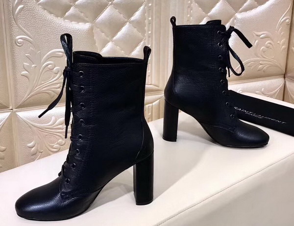 Saint Laurent Loulou 95 Lace Up Boot in Black Grained Leather with Metal Interlocking YSL Signature on Covered Heel and Black Pull on Tab For Sale