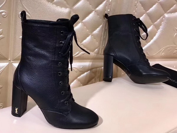 Saint Laurent Loulou 95 Lace Up Boot in Black Grained Leather with Metal Interlocking YSL Signature on Covered Heel and Black Pull on Tab For Sale