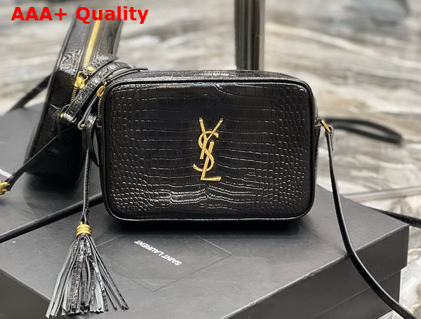 Saint Laurent Lou Camera Bag in Crocodile Embossed Shiny Leather Black Replica