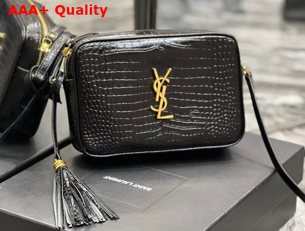 Saint Laurent Lou Camera Bag in Crocodile Embossed Shiny Leather Black Replica