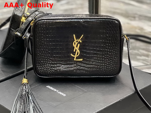 Saint Laurent Lou Camera Bag in Crocodile Embossed Shiny Leather Black Replica