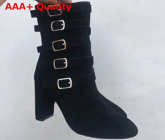 Saint Laurent Lou Suede Ankle Boots with Multiple Buckles Black Replica