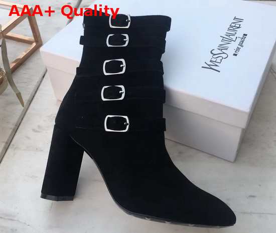 Saint Laurent Lou Suede Ankle Boots with Multiple Buckles Black Replica