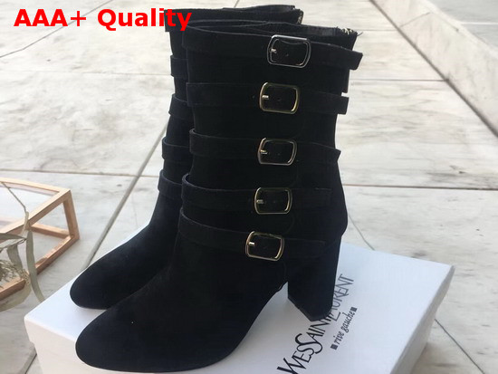 Saint Laurent Lou Suede Ankle Boots with Multiple Buckles Black Replica