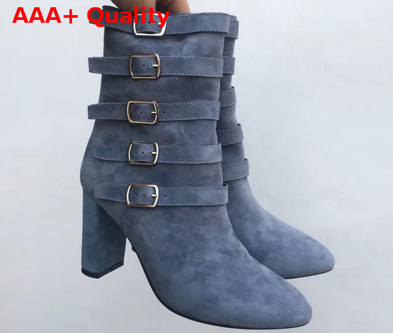 Saint Laurent Lou Suede Ankle Boots with Multiple Buckles Light Blue Replica