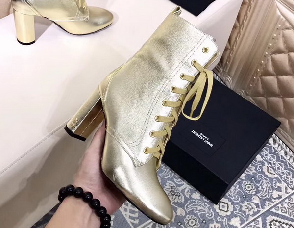 Saint Laurent Loulou 95 Lace Up Boot in Light Gold Grained Leather For Sale