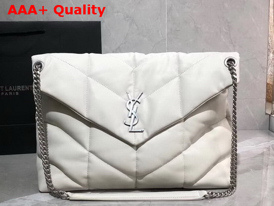 Saint Laurent Loulou Puffer Medium Bag in White Quilted Lambskin with Brushed Silver Toned Metal Hardware Replica