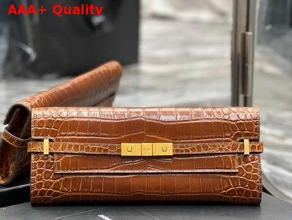 Saint Laurent Manhattan Clutch in Dark Caramel Crocodile Embossed Leather Replica