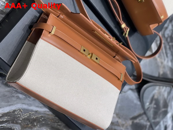 Saint Laurent Manhattan Shoulder Bag in Canvas and Leather Natural Beige and Brick Replica