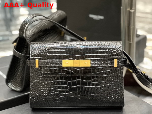 Saint Laurent Manhattan Small Shoulder Bag in Black Shiny Crocodile Embossed Leather Replica