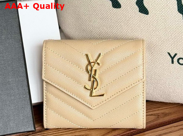 Saint Laurent Matelasse Compact Tri Fold Wallet in Beige Grain de Poudre Leather Replica