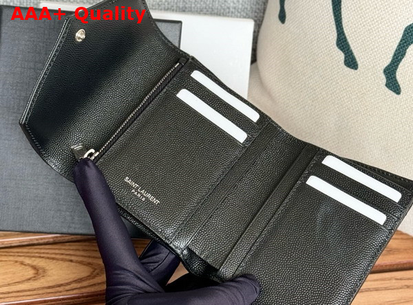 Saint Laurent Matelasse Compact Tri Fold Wallet in Black Grain de Poudre Leather Replica