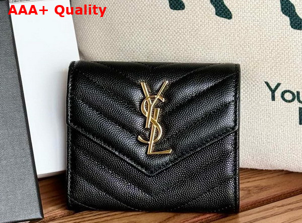 Saint Laurent Matelasse Compact Tri Fold Wallet in Black Grain de Poudre Leather Replica