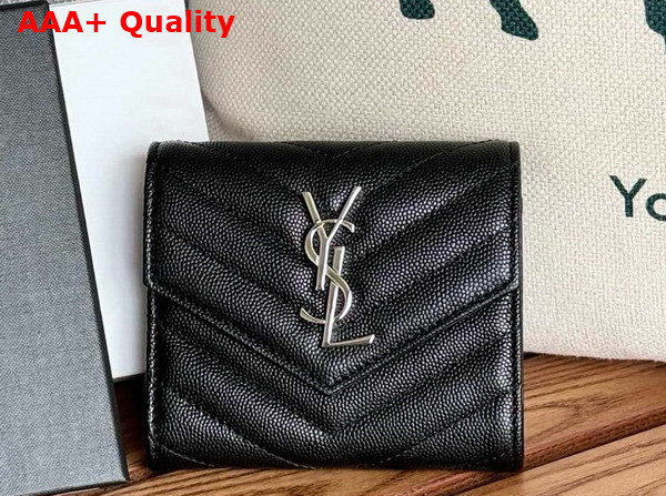 Saint Laurent Matelasse Compact Tri Fold Wallet in Black Grain de Poudre Leather Replica