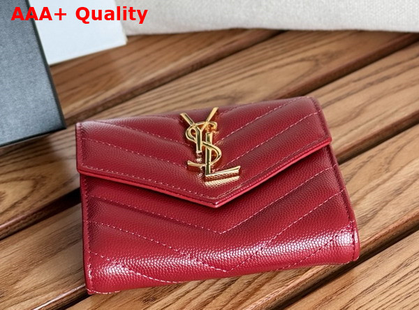 Saint Laurent Matelasse Compact Tri Fold Wallet in Dark Red Grain de Poudre Leather Replica