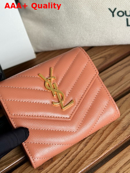 Saint Laurent Matelasse Compact Tri Fold Wallet in Dusty Pink Grain de Poudre Leather Replica