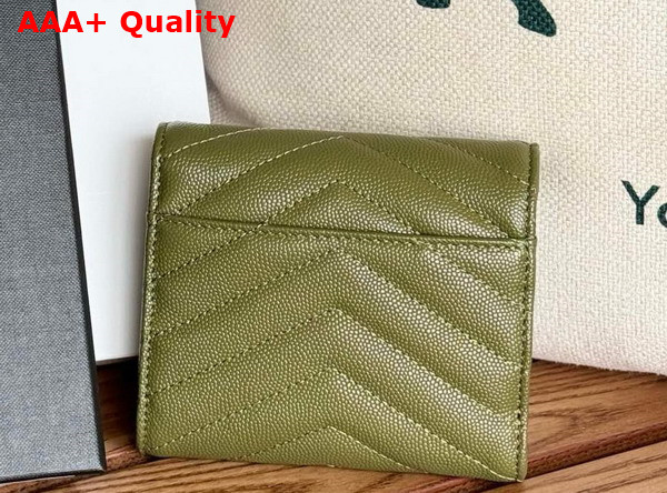 Saint Laurent Matelasse Compact Tri Fold Wallet in Olive Green Grain de Poudre Leather Replica