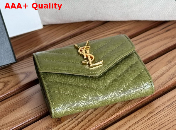 Saint Laurent Matelasse Compact Tri Fold Wallet in Olive Green Grain de Poudre Leather Replica