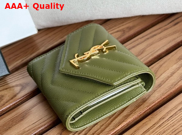 Saint Laurent Matelasse Compact Tri Fold Wallet in Olive Green Grain de Poudre Leather Replica