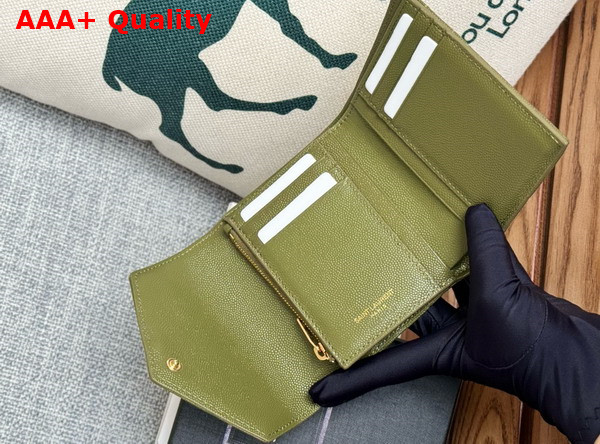 Saint Laurent Matelasse Compact Tri Fold Wallet in Olive Green Grain de Poudre Leather Replica