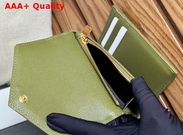 Saint Laurent Matelasse Compact Tri Fold Wallet in Olive Green Grain de Poudre Leather Replica