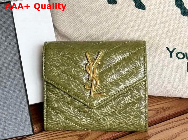 Saint Laurent Matelasse Compact Tri Fold Wallet in Olive Green Grain de Poudre Leather Replica