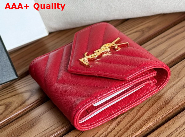 Saint Laurent Matelasse Compact Tri Fold Wallet in Red Grain de Poudre Leather Replica