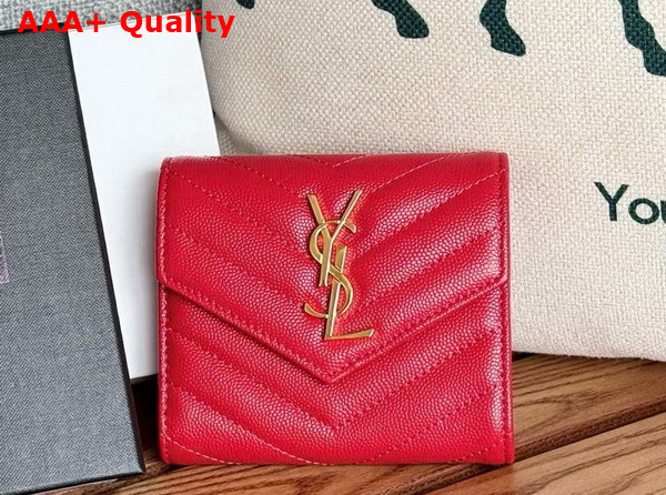 Saint Laurent Matelasse Compact Tri Fold Wallet in Red Grain de Poudre Leather Replica