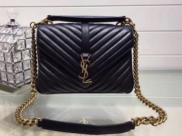 Saint Laurent Medium College Bag in Black Metalasse Leather with Gold Hardwares For Sale