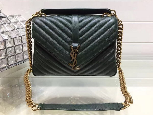 Saint Laurent Medium College Bag in Dark Green Metalasse Leather with Gold Hardwares For Sale