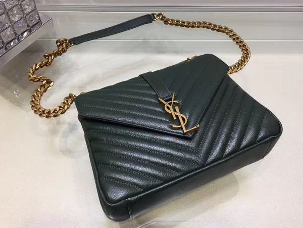 Saint Laurent Medium College Bag in Dark Green Metalasse Leather with Gold Hardwares For Sale