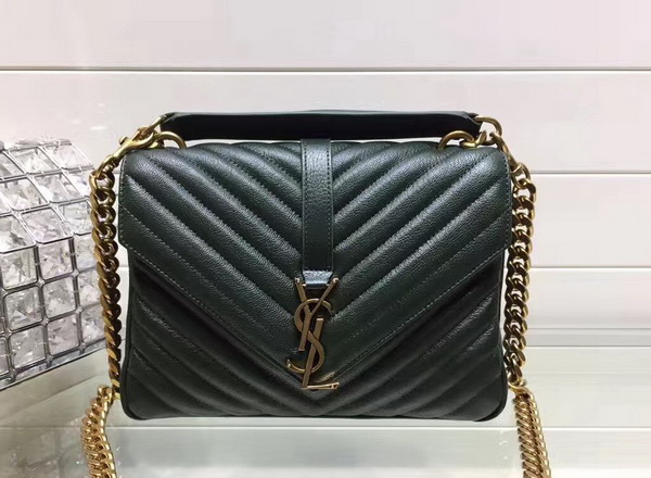 Saint Laurent Medium College Bag in Dark Green Metalasse Leather with Gold Hardwares For Sale