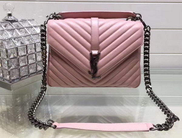 Saint Laurent Medium College Bag in Pink Metalasse Leather For Sale