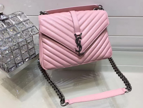 Saint Laurent Medium College Bag in Pink Metalasse Leather For Sale