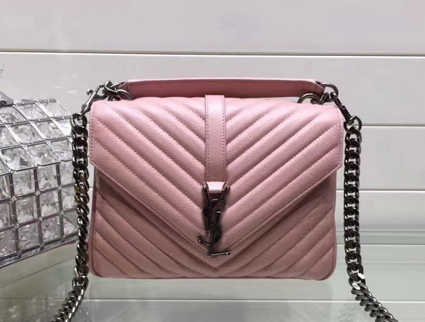 Saint Laurent Medium College Bag in Pink Metalasse Leather For Sale