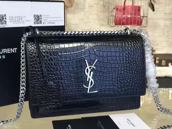 Saint Laurent Medium Sunset Bag in Black Crocodile Embossed Shiny Leather For Sale